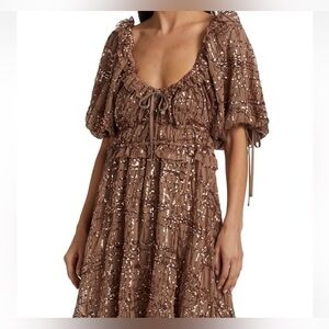 EN SAISON | Sequin Embellished scoop neck Mini Dress party holiday, brown size S